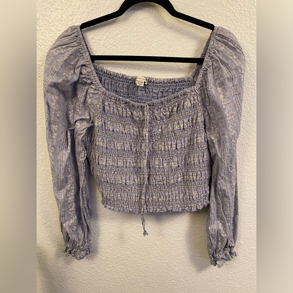Patterned American Eagle Blue Smocked Long Sleeved Top with Puff Sleeves